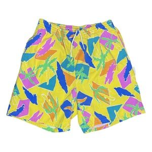 Vintage Dakota AOP Palm Trees Colorful Logos Swim Trunks 80s 90s Men's USA M
